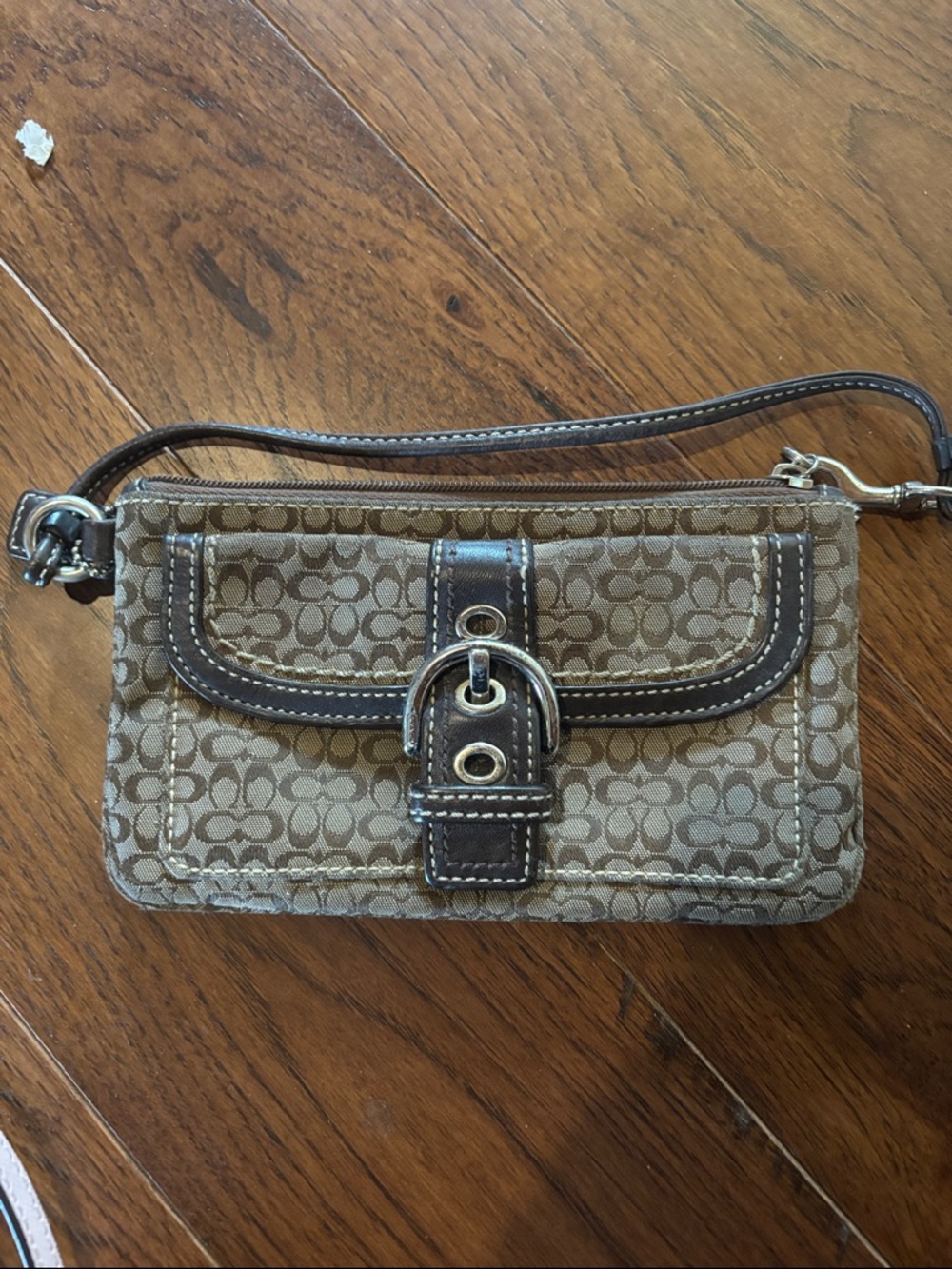 Coach Tan Signature Canvas Wristlet with Dark Brown Leather Trim